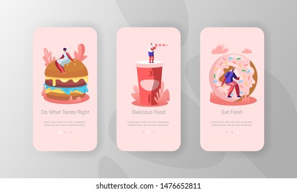 People and Street Fast Food Mobile App Page Onboard Screen Set. Characters Interacting with Huge Burger, Donut, Soda Drink. Junkfood Concept for Website or Web Page Cartoon Flat Vector Illustration