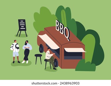 People at street food truck, resting outdoor on summer holiday, weekend. Tiny characters relaxing, eating at BBQ caravan, barbecue van, trailer in nature, park on vacation. Flat vector illustration