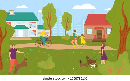 People at street house, vector illustration, man woman character walk near town building, urban architecture and nature landscape.