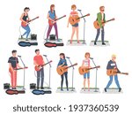 People Street Musicians Characters Playing Guitars Set, Live Performance Cartoon Style Vector Illustration