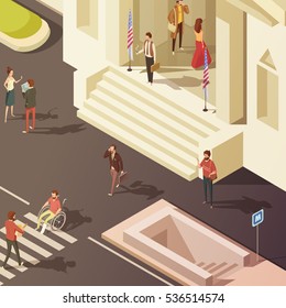 People in street near government building isometric vector illustration
