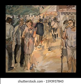 People in a street of Paris- vector illustration (Ideal for printing on fabric or paper, poster or wallpaper, house decoration)