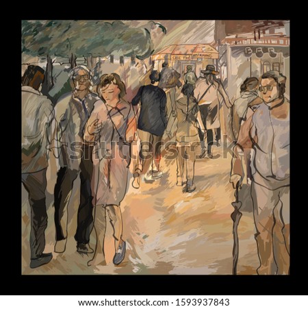 People in a street of Paris- vector illustration (Ideal for printing on fabric or paper, poster or wallpaper, house decoration)