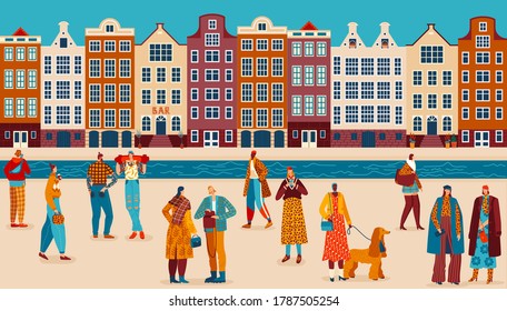 People street style flat vector illustration. Cartoon adult man woman trendy fashion clothing characters walking in city street, crowd of friends couples standing on embankment streetscape background