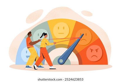 People with stress level. Man and woman near indicator with emotions. Mental and psychological health. Assessing emotions and feelings. Awareness and mindfulness. Flat vector illustration