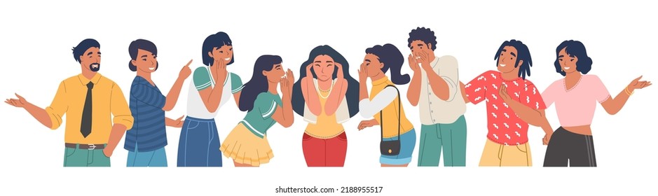 People in stress and social pressure vector illustration. Society attack female victim. Crowd opinion as opposite of individual, human abuse or harassment. Social issues concept