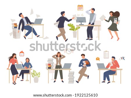 People in stress work set. Hot project delivery schedule and heavy processing female character holding his head in despair from overwork man overloaded with business affairs. Vector overwork.
