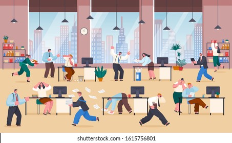 People stressed of work and tasks. Chaos in business office, workers rushing and coping with paperwork. Frustrated characters at working place. Employer shouting at employee, deadline. Overworked time