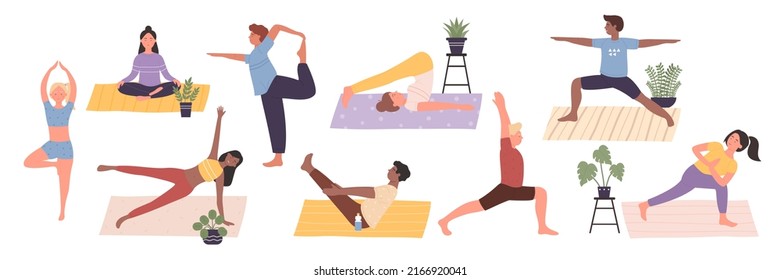 La gente estira el cuerpo en yoga posa una ilustración vectorial establecida. Personajes de caricatura haciendo figuras de asana y posturas sobre alfombras aisladas en blanco. Meditación, pilates y entrenamiento deportivo, concepto de flexibilidad