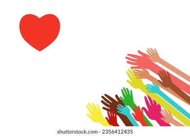 People stretch their hands to the image of a heart. All you need is love. Social issues