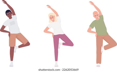 People stretching arms and legs semi flat color vector characters set. Editable figures. Full body men, woman on white. Simple cartoon style illustration pack for web graphic design and animation