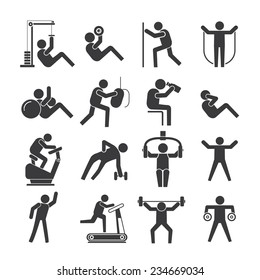 people stretching and exercise set, fitness icons set