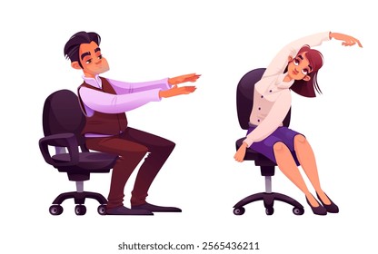 People stretching in office isolated on white background. Vector cartoon illustration of man and woman doing yoga workout on break to relax sitting in armchair, healthy lifestyle, fitness at workplace