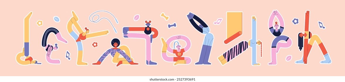 People stretching set. Abstract women practice asanas, different yoga poses. Girls do sport workout, physical exercises. Happy characters do fitness, gymnastic. Flat isolated vector illustrations