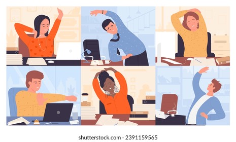 People stretching at workplace, office yoga set vector illustration. Cartoon employees relax after work, workers characters stretch body in physical exercises sitting in chairs or standing near table