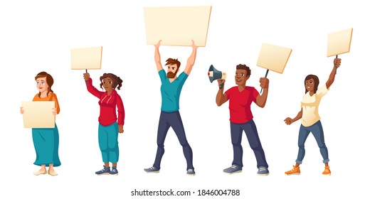 People strike, angry men and women with placards protest on rally demonstration. Characters holding banners and megaphone fight for their rights, citizen protesting, riot, Cartoon vector illustration