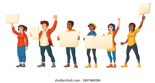 People strike, angry men and women with placards protest on rally demonstration. Characters holding blank banners fight for their rights, citizen protesting, riot, Cartoon vector illustration