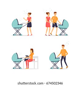 People with strollers, family. Flat design vector illustration.