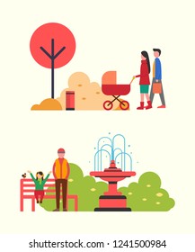 People strolling in autumn park, family with pram vector. Man and woman with newborn kid, father and daughter sitting on wooden bench by fountain