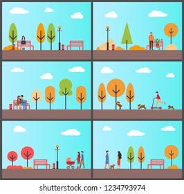 People strolling in autumn parks with sunny weather vector. Family with stroller and kid inside, couple sitting on bench. Fall season scenery nature
