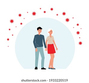 People with strong immune system protected from attack virus covid-19. Man and woman in safety of bubble shield of immunity strengthened by healthy lifestyle. Vector illustration