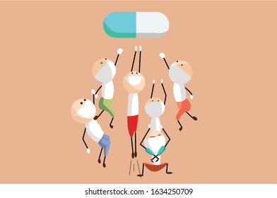 people struggle for corona antivirus drugs medicine (Vector flat concept)