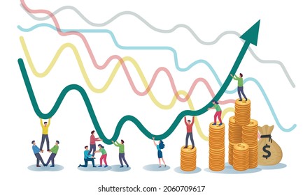 People struggle hold chart to going up metaphor of business survive and loss vector illustration