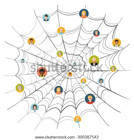 People stuck in complicated spider web, flat illustration isolated on white
