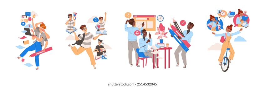 People Student Characters Learning Multitasking Switching Between Different Activities Vector Set