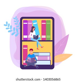 People student reading book on smartphone. Online internet library concept. Vector flat graphic design isolated illustration