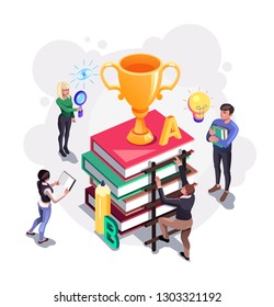People student workers study in library together. Education training studying tutorials concept. Vector flat cartoon graphic design isolated illustration