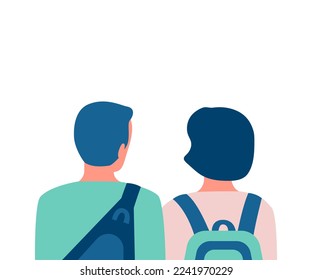 People students with backpack, couple back view. Young friends with school bag, learner, adolescent. Choice future way. Vector illustration