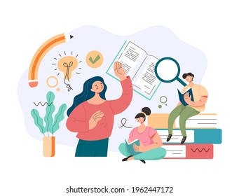 People students characters reading book searching information and learning. Education university tutorial concept. Vector flat graphic design cartoon midern style illustration