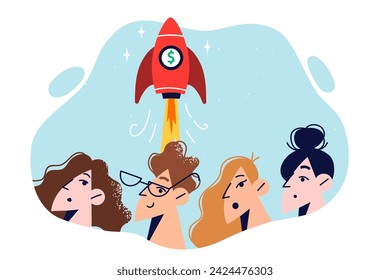 People students launched space startup watch takeoff of rocket, symbolizing business achievements and progress team. Space satellite with money symbol symbolizes development galaxy exploration program