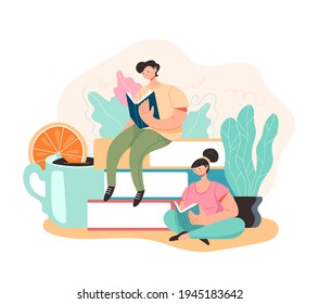 Die Schüler lesen Buch und Lernkonzept. Vektorgrafik-Flachbild-Grafikdesign-Illustration