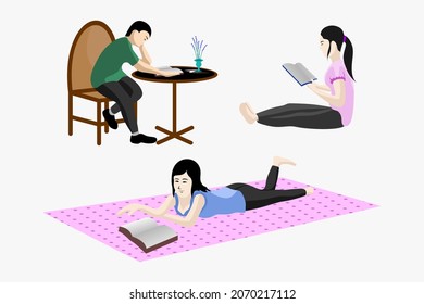 people or students reading a book or studying. Set of book lovers, readers, fans of modern literature in sitting and relaxing position. Flat cartoon vector illustration reading a book