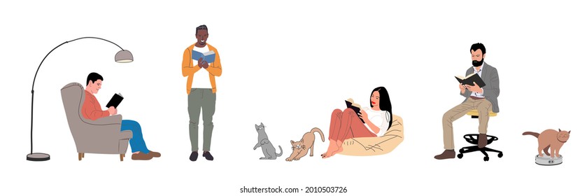 People or students reading and preparing for examination sitting on. Education, learning design elements. Modern literature fans, Set of book lovers, readers. Flat cartoon vector illustration. 