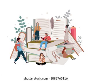 People or students reading studying and preparing for examination sitting on stack of giant books or beside it. Set of book lovers, readers, modern literature fans. Flat cartoon vector illustration