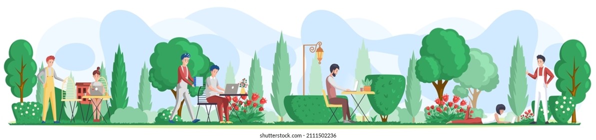 People and students sitting on lawn in park with laptops working remotely on computer freelancer is performing task and typing on keyboard doing work at distance, designer communicates with gardener