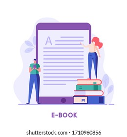 People or students standing and learning text with e-book. Digital library service. Concept of  reading ebook, archive of books, modern online education. Vector illustration in flat design