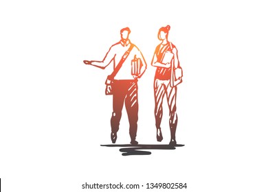 People, students, walk, bag, university concept. Hand drawn students go to university concept sketch. Isolated vector illustration.