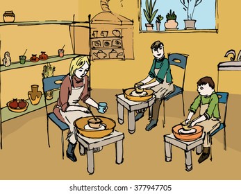 people in the studio pottery