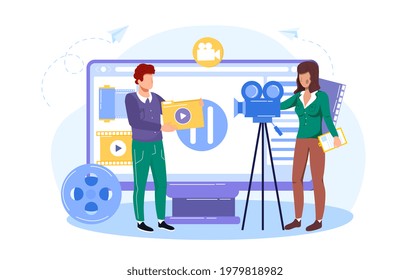 People in studio shooting film, online videography course. Video production work team making content. Flat abstract metaphor cartoon vector concept design web banner. Isolated on white background