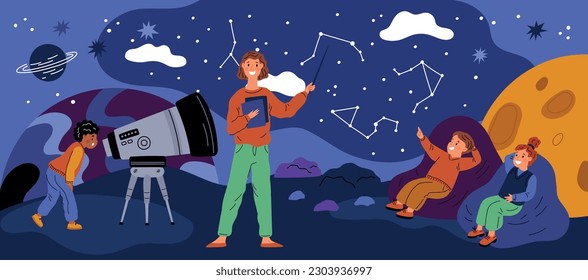 People study astronomy. Teacher guide tells children about space. Boys and girls looking at view of stars constellations in night sky. Excursion in observatory. Garish