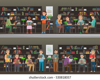 People study in atheneum set. Students read in the library vector illustration. Clever men and women read books. Grown ups self education. Public room with bookshelves. Shelves and tables. Wisdom