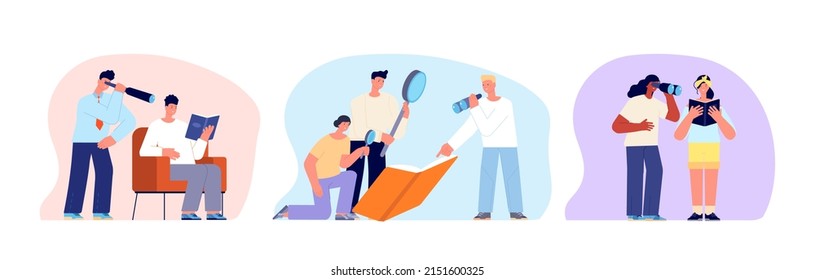 People study books, read in group and couples. Close reading literature, learning and teaching. Work education process vector scenes