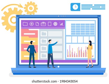 People study chart growth. Data analysis on business meeting. Cartoon characters look at computer with statistical diagram. Colleagues communicate work together. Project management, planning concept