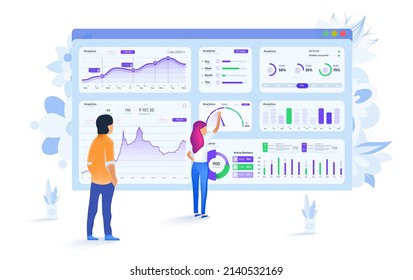 People study the dashboard and interact with the charts. Modern flat design, isometric data analysis concept for website and mobile website. The concept of digital data analysis. Analytics admin panel