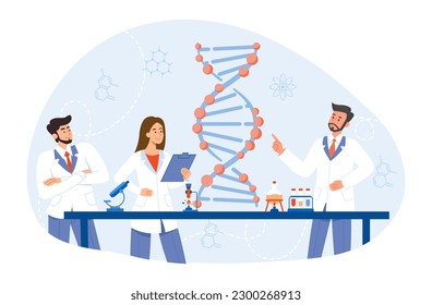 People study DNA. Doctors, men and woman in medical gowns study structure of cell. Chemical research in laboratory. Scientists develop drugs and medicines. Cartoon flat vector illustration