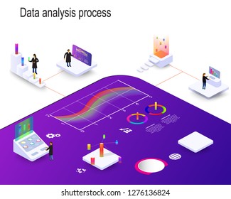 People study dynamic processes in graphs and diagrams. 3d isometric infographics.